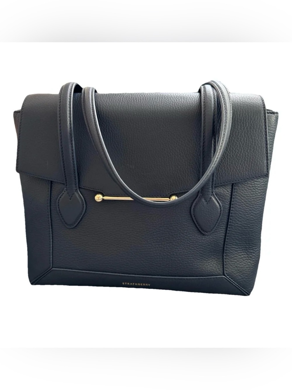 Strathberry Navy Leather Tote Bag with Gold Bar Detail